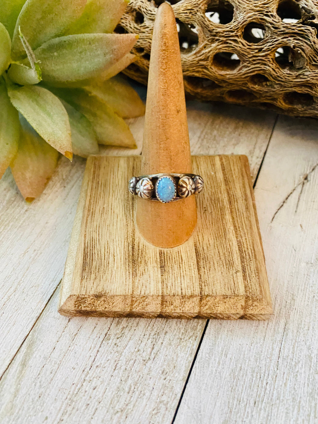Handcrafted Blue Opal and Sterling Silver Concho Band Ring