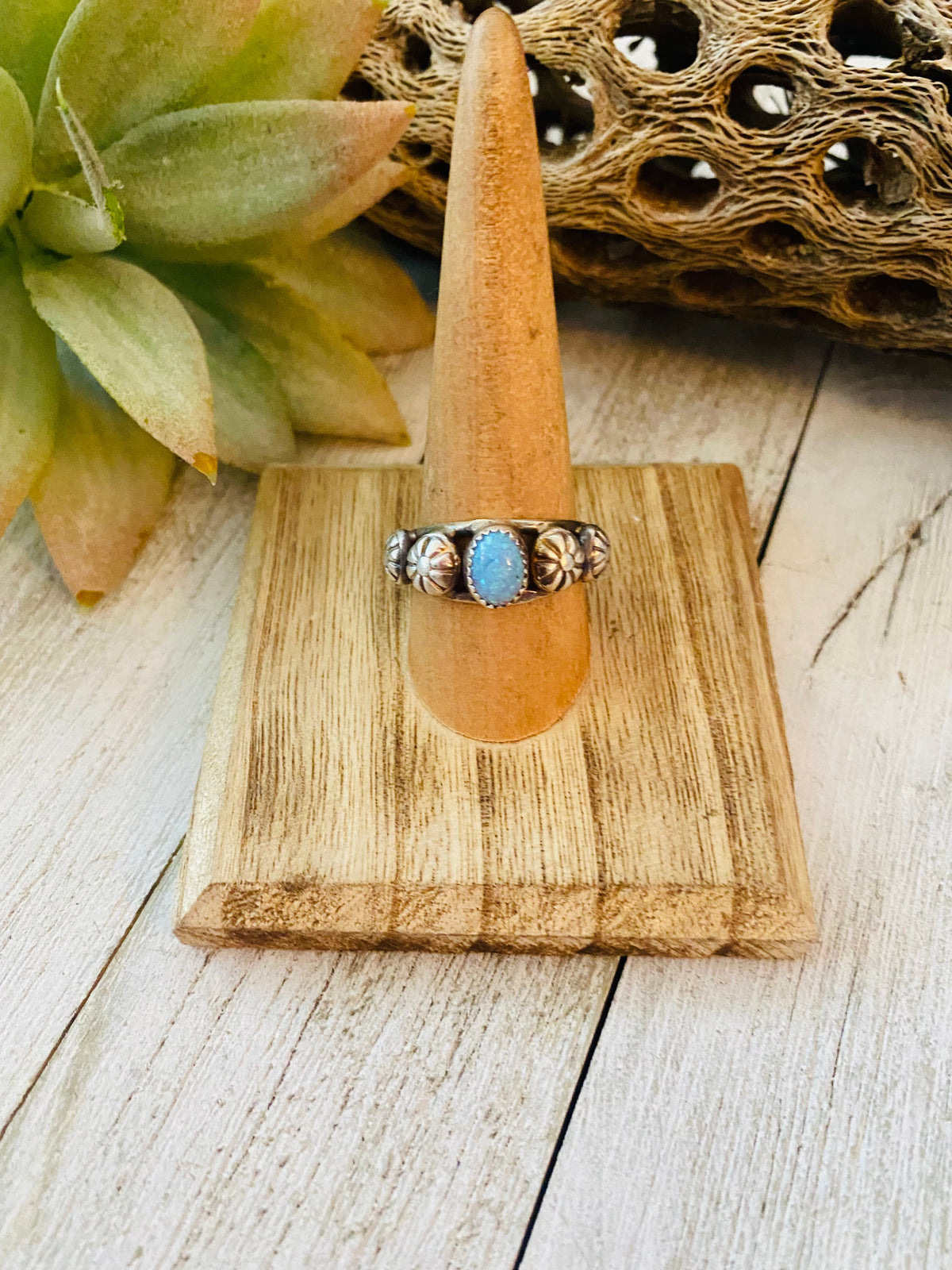 Handcrafted Blue Opal and Sterling Silver Concho Band Ring