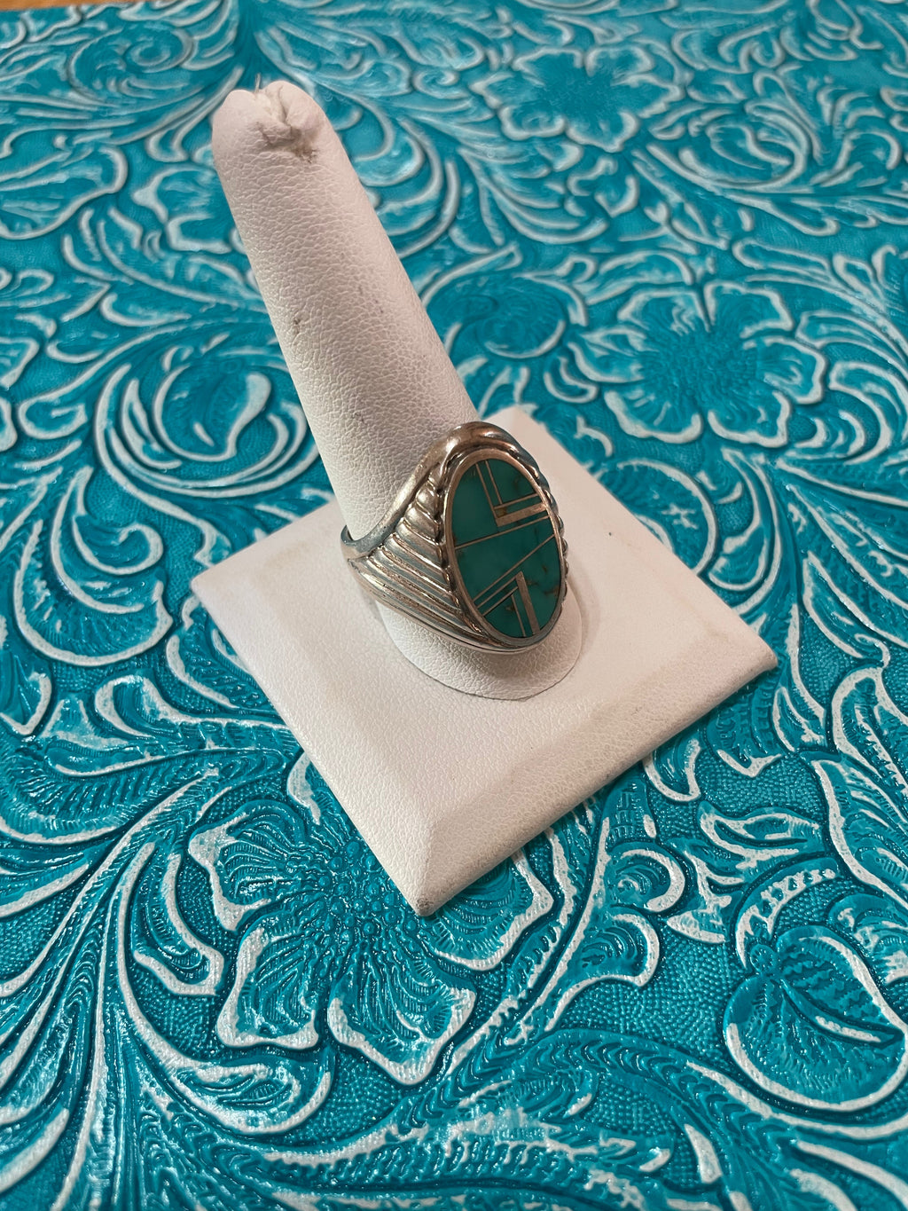 Old Pawn Handcrafted Sterling Silver & Turquoise Inlay Ring Size 11