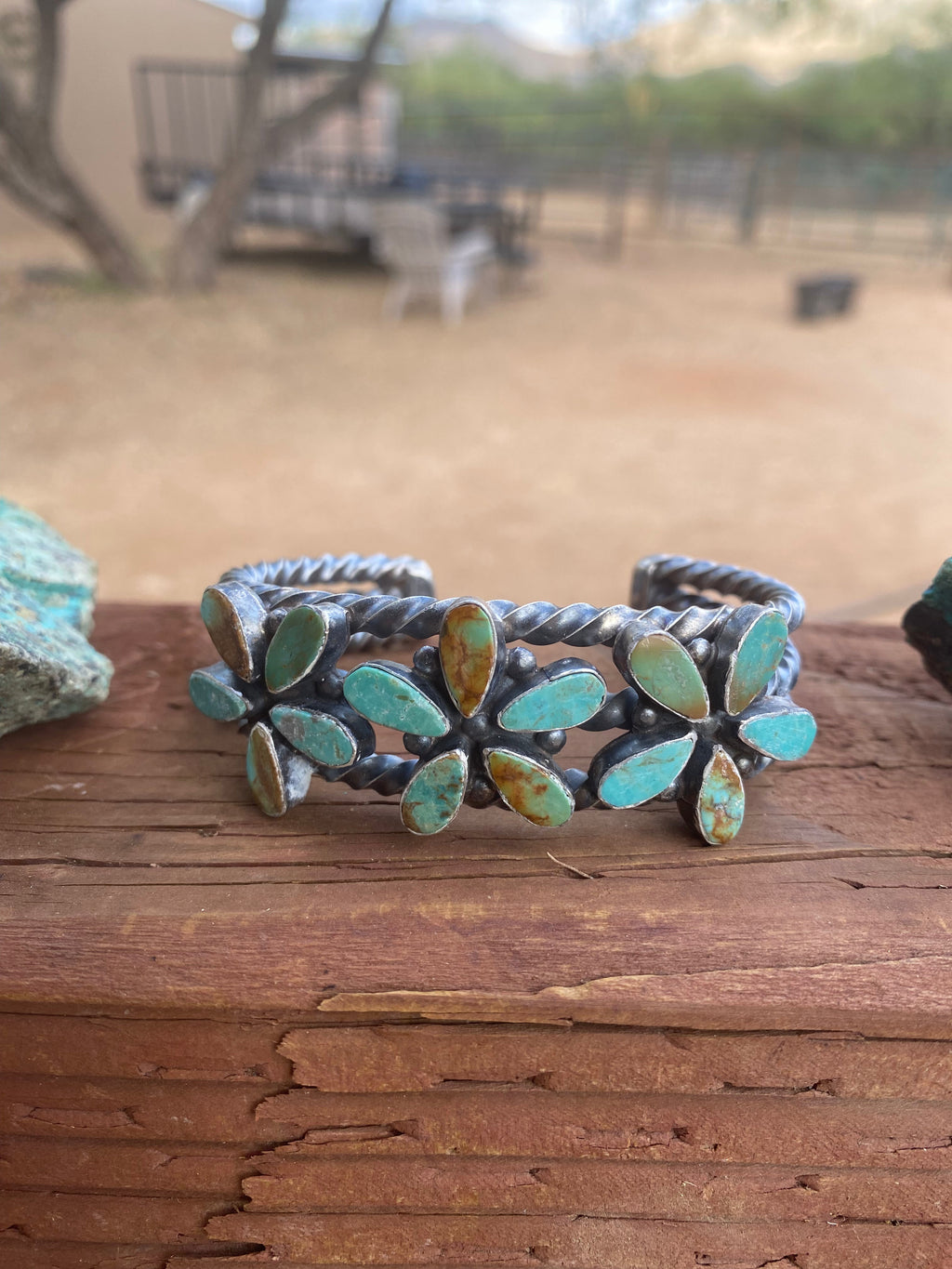 Handcrafted Jacqueline Silver Royston Turquoise & Sterling Cluster Cuff