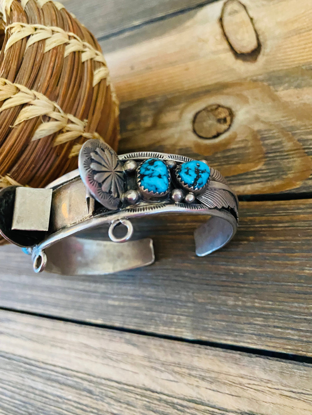 Old Pawn Vintage Handcrafted Turquoise & Sterling Silver Watch Cuff Signed