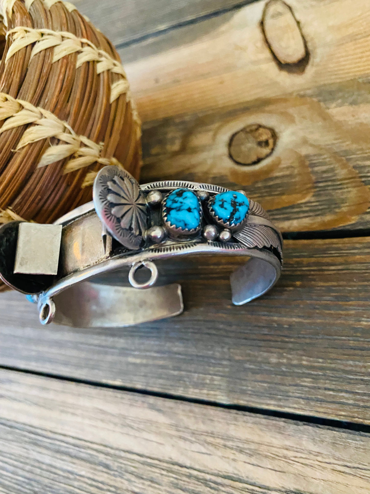 Old Pawn Vintage Handcrafted Turquoise & Sterling Silver Watch Cuff Signed