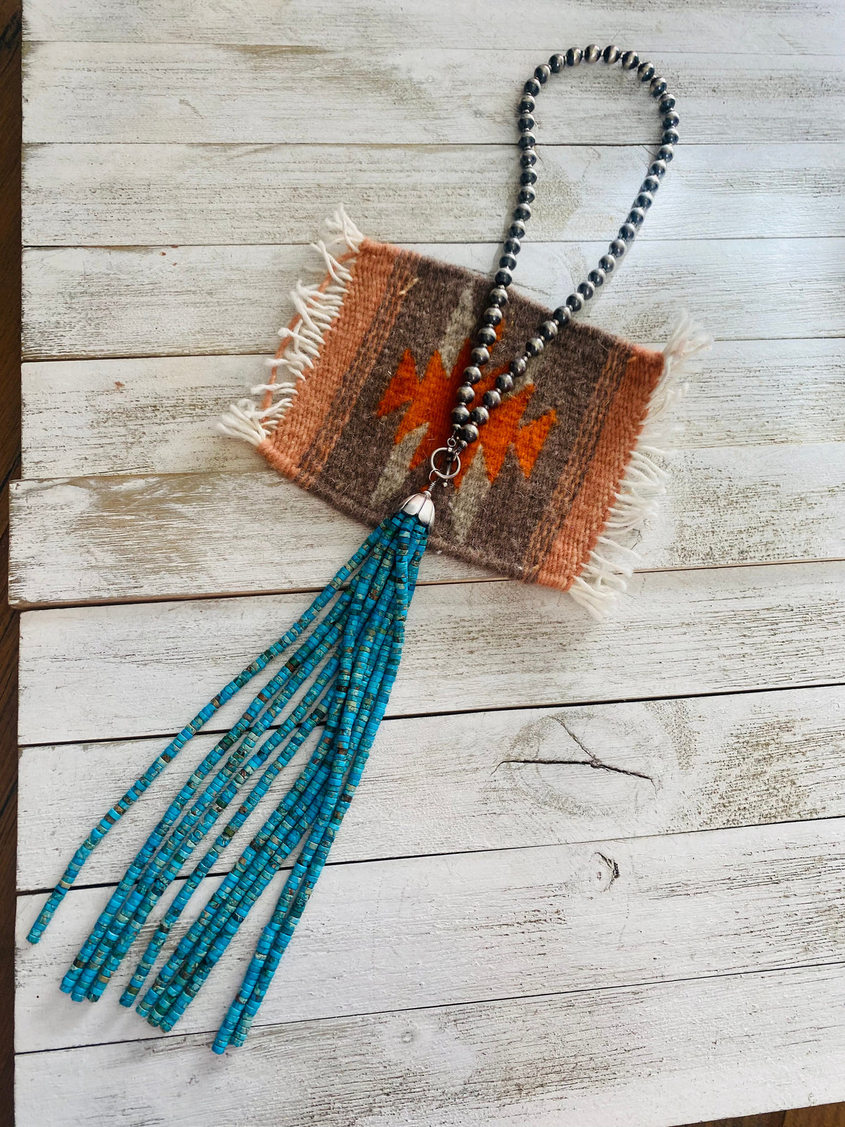 Handcrafted Turquoise & Sterling Silver Pearl Beaded Tassel Necklace