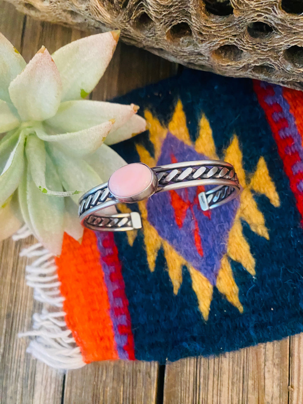 Handcrafted Queen Pink Conch Shell & Sterling Silver Cuff Bracelet