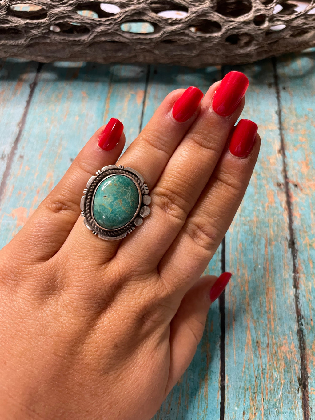 Old Pawn Handcrafted Sterling Silver & Turquoise Ring Size 6.5
