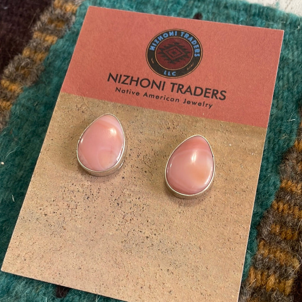Handcrafted Sterling Silver &  Pink Conch Tear Drop Stud Earrings Signed