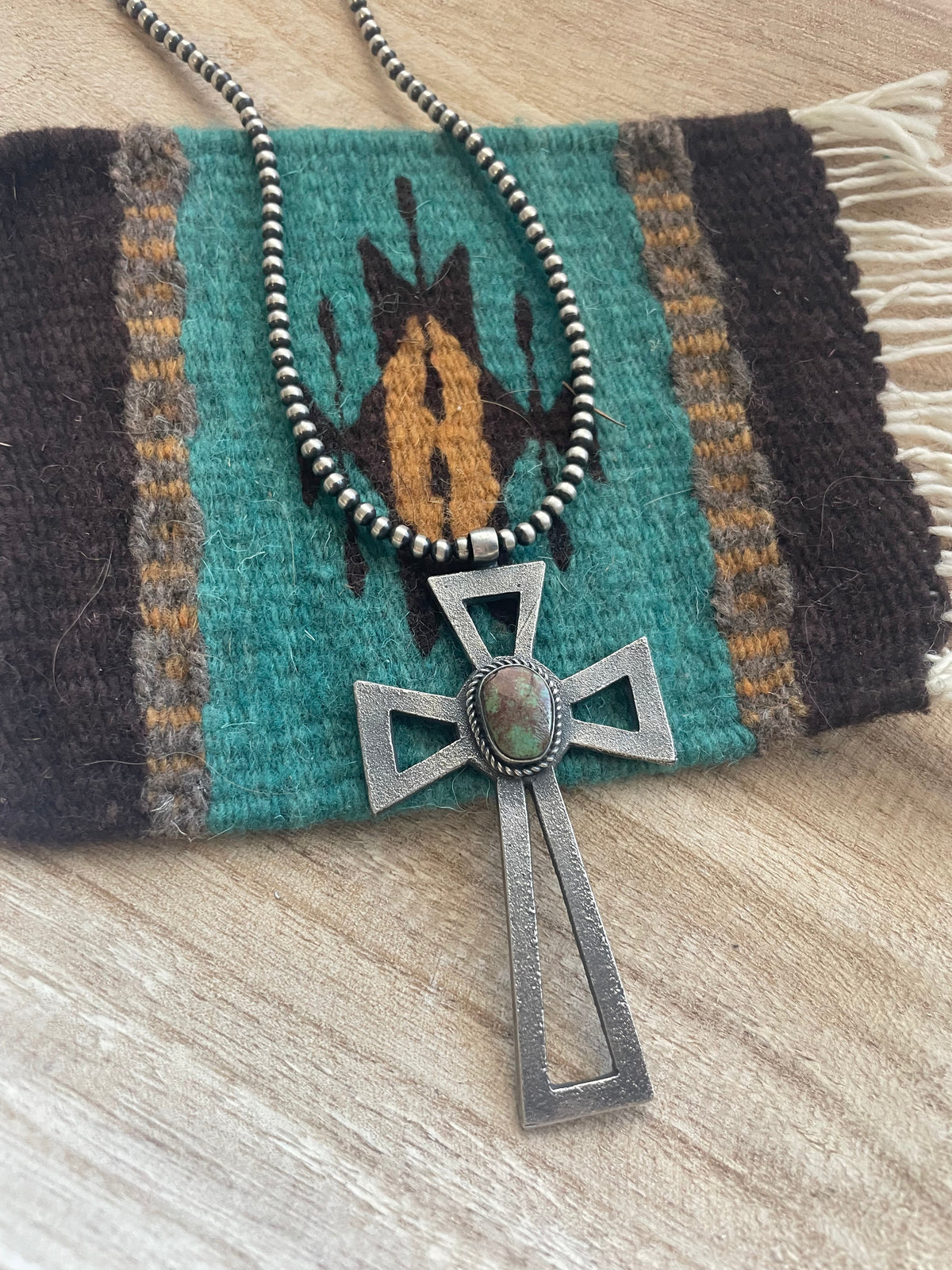 Handcrafted Sterling Silver & Turquoise Cross Pendant Signed Eugene Mitchell