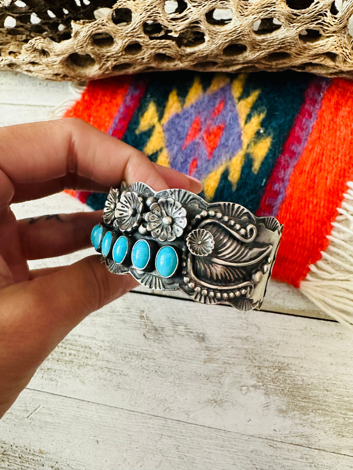 Handcrafted Turquoise & Sterling Silver Flower Cuff Bracelet /
