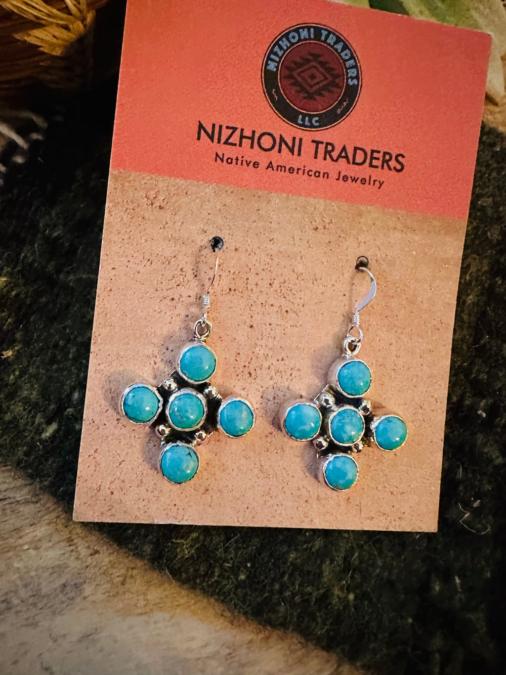 Handcrafted Sterling Silver & Turquoise Cluster Cross Dangle Earrings