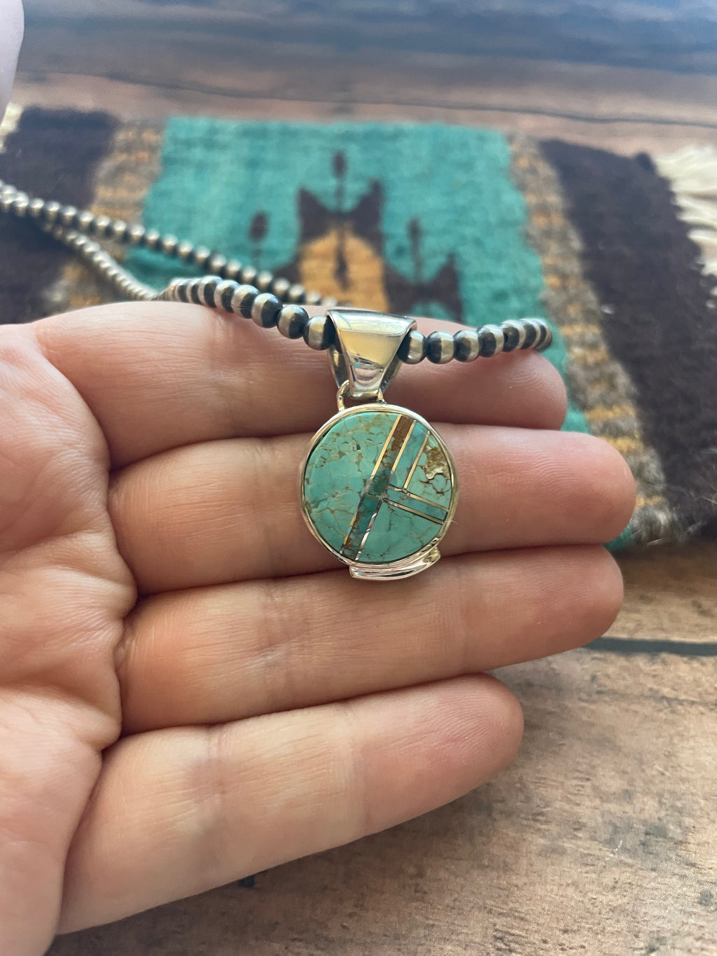 Handcrafted Number 8 Turquoise Inlay & Sterling Silver Pendant Signed