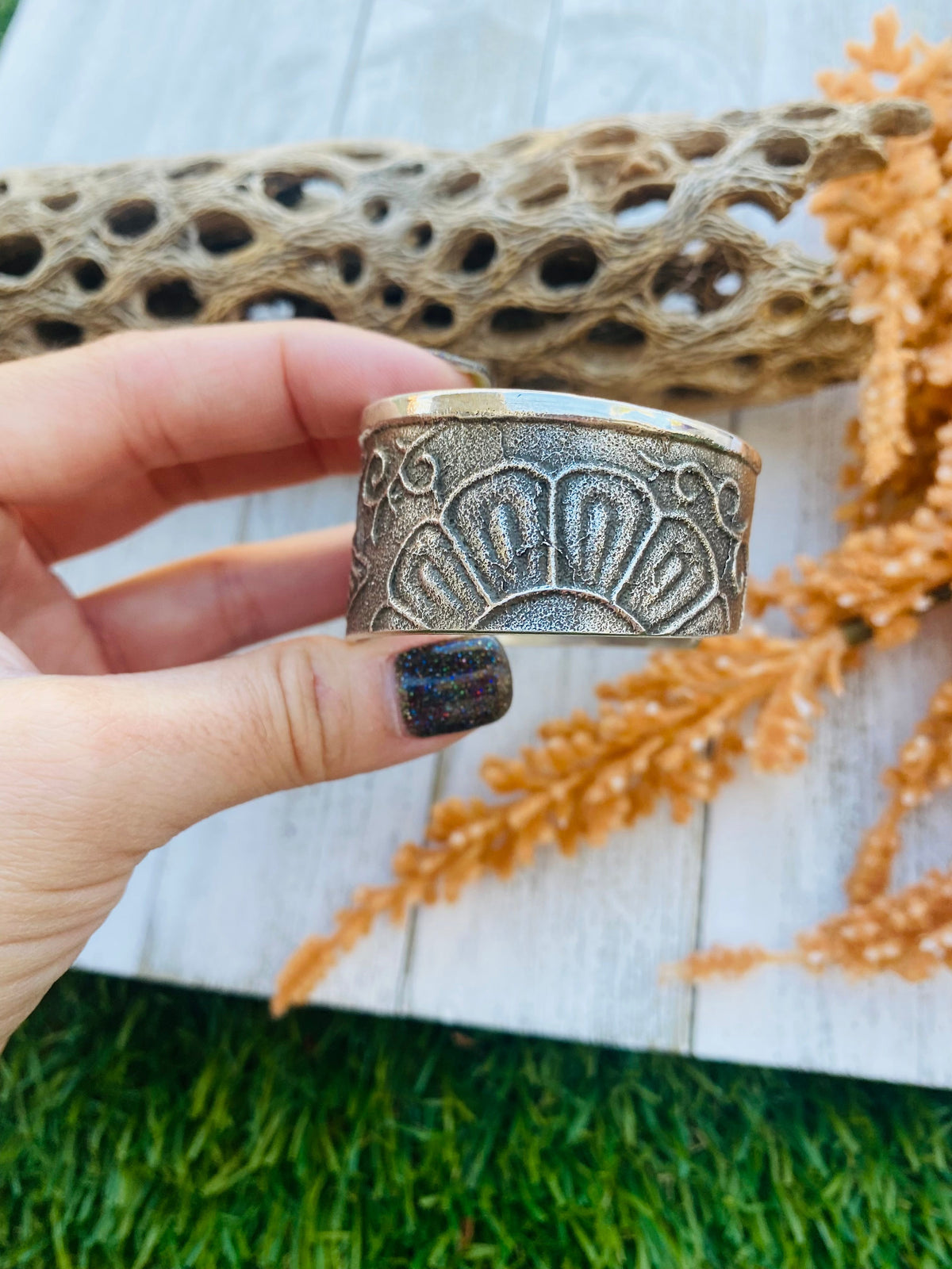 Handcrafted Vintage Sterling Silver Tufa Cast Hummingbird Cuff Bracelet