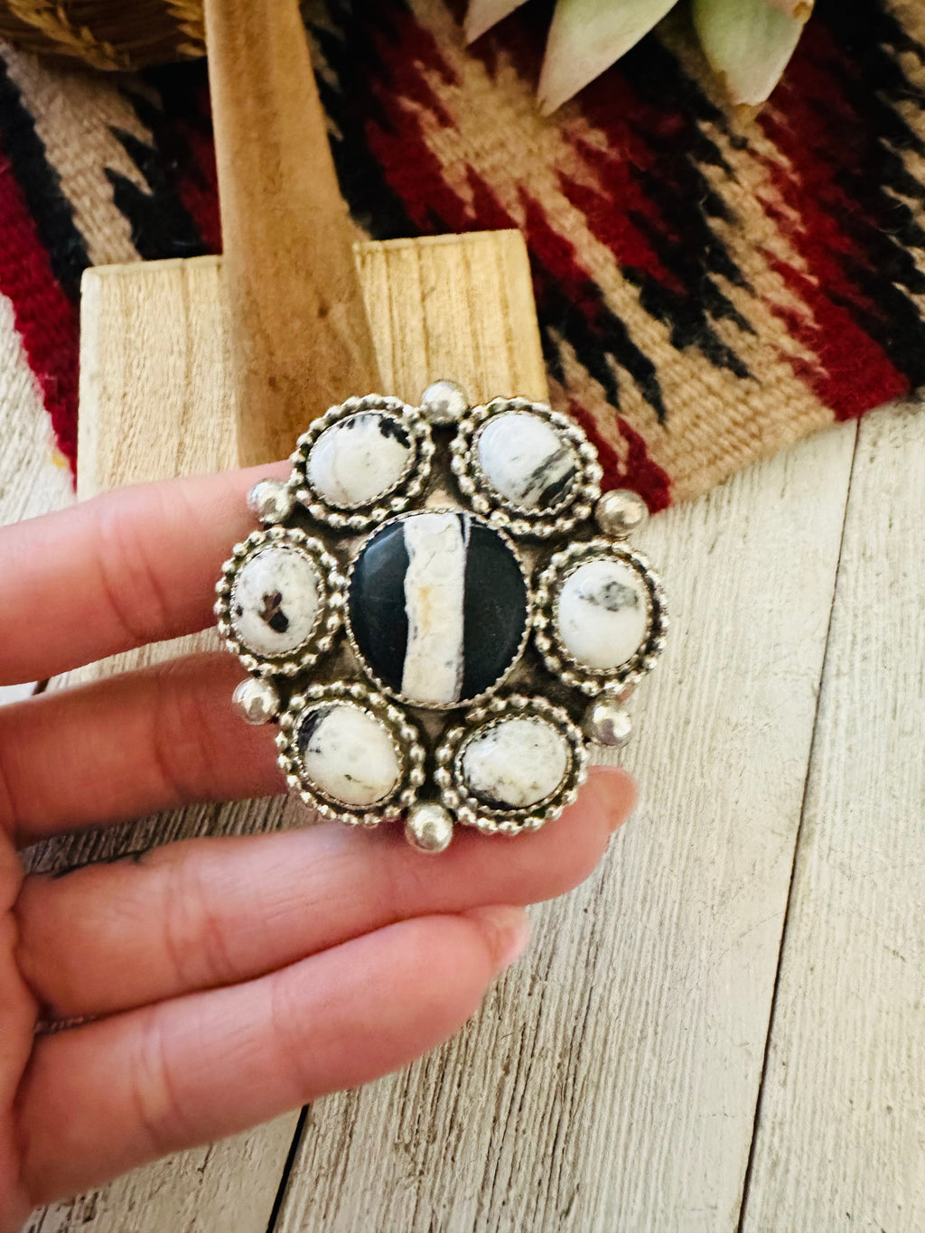 Handcrafted Sterling Silver And White Buffalo Cluster Adjustable Ring