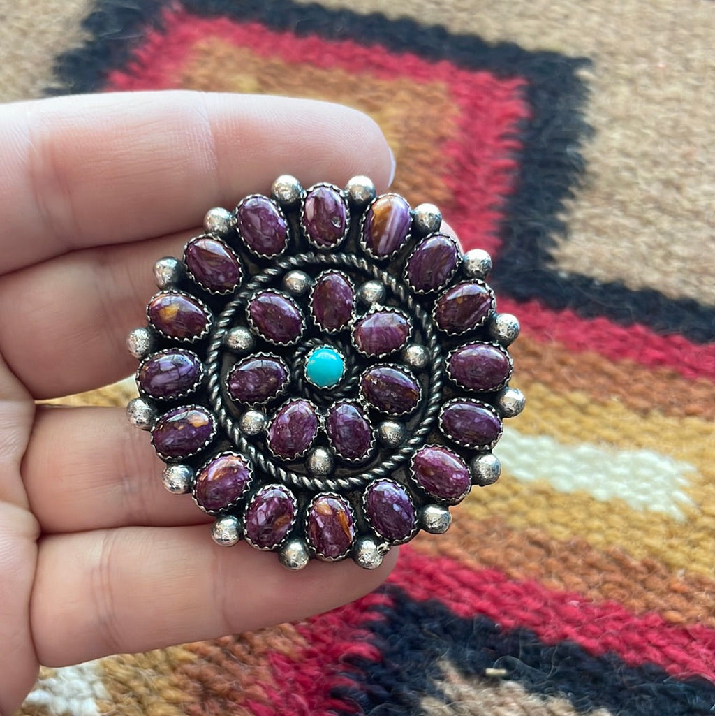 Handcrafted Sterling Silver, Turquoise, Purple Spiny Flower Adjustable Ring Signed