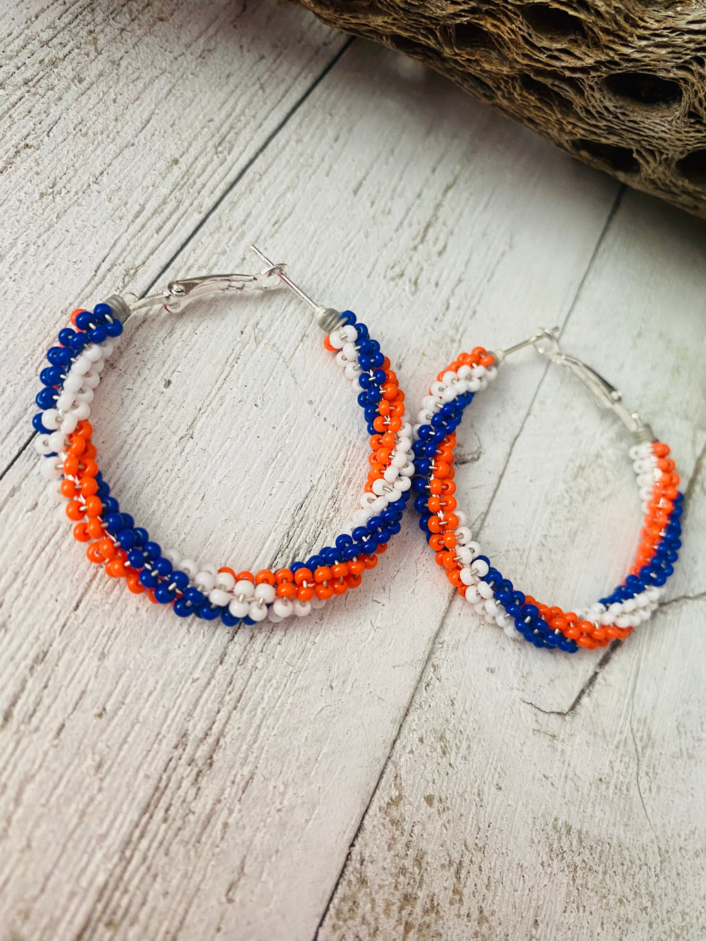 Handcrafted Handmade Beaded Hoop Earrings- red, white, blue