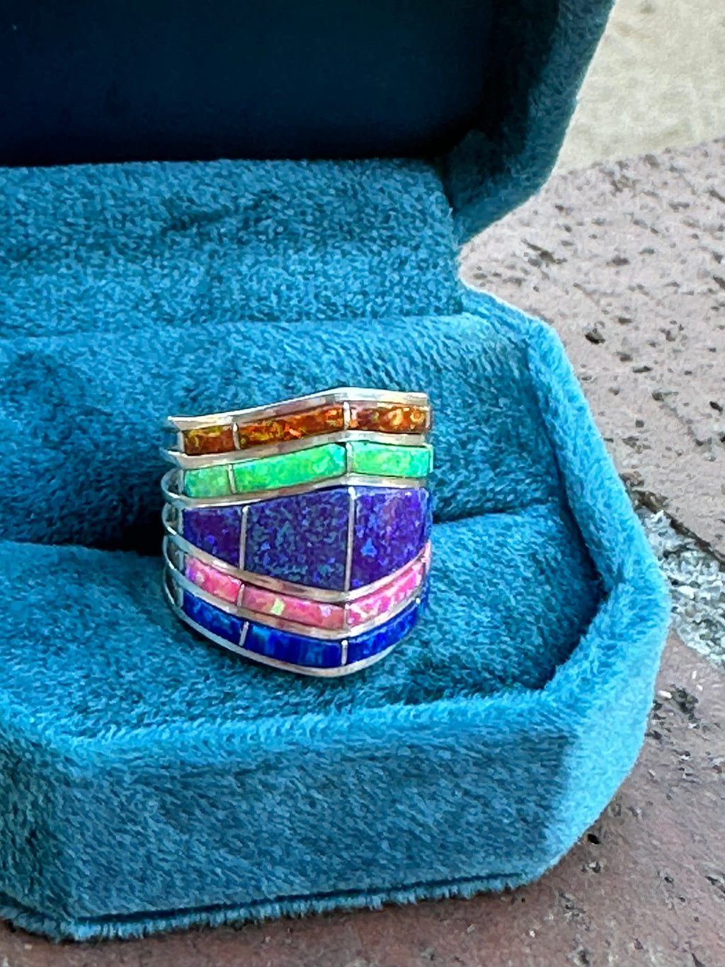 Handcrafted Sterling Silver Tri Color Opal Inlay  Stacker Ring