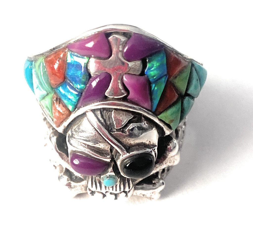 Handmade Sterling Silver & Multi Stone Inlay Skull Ring Size 7.5