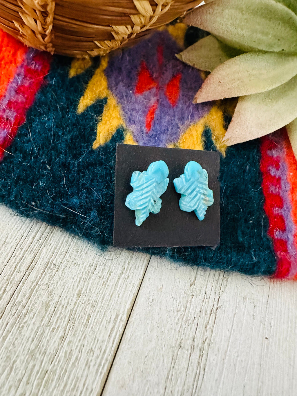 Handcrafted Hand Carved Turquoise Fetish Lizard Stud Earrings