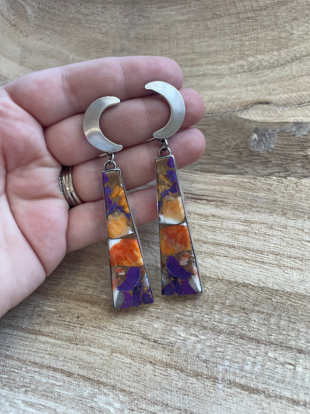 Handcrafted Sterling Silver & Purple Dream Slab Moon Dangle Earrings Signed