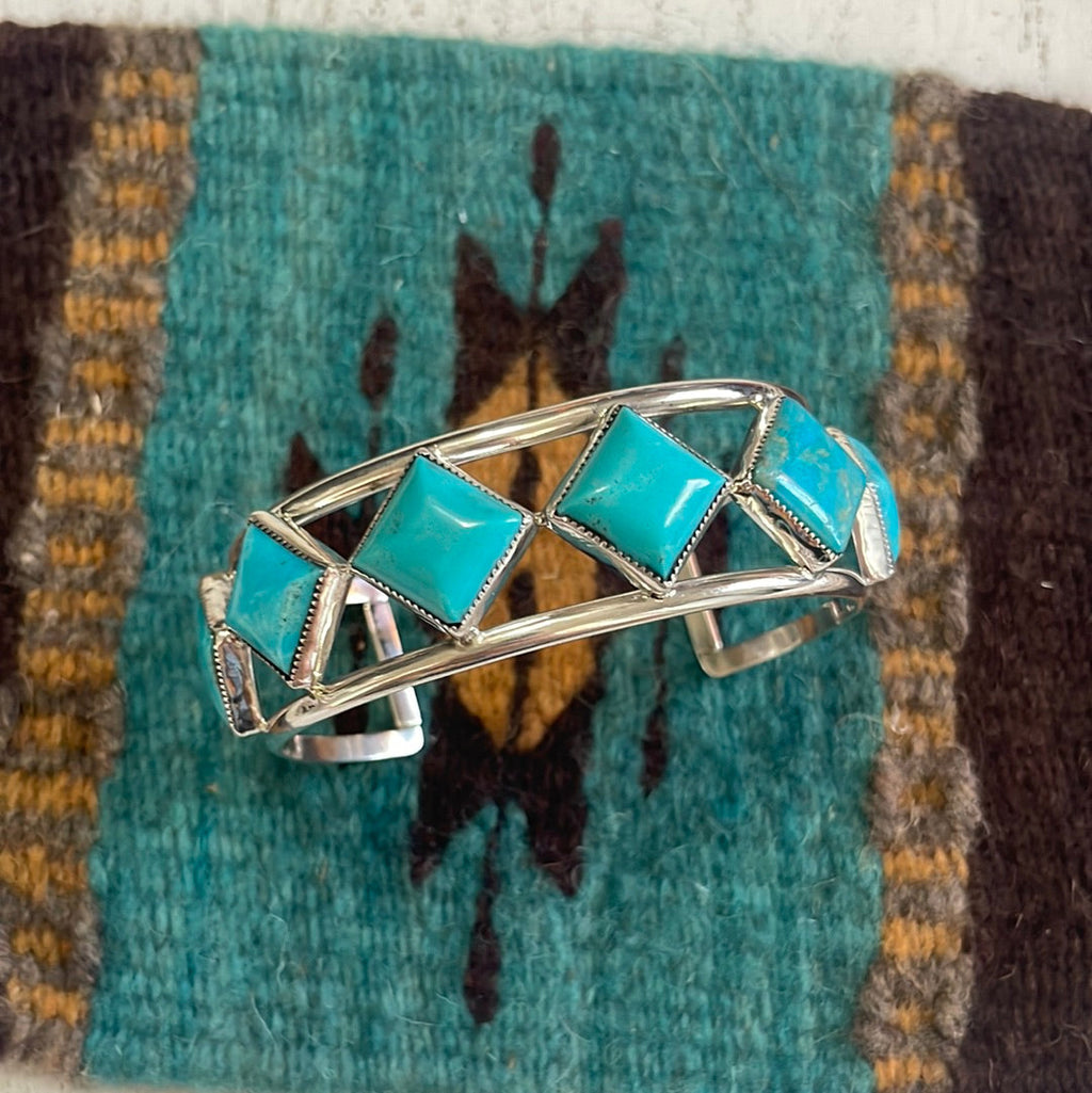 Handcrafted 6 Stone Diamond Shape Turquoise & Sterling Silver Cuff Bracelet Signed /