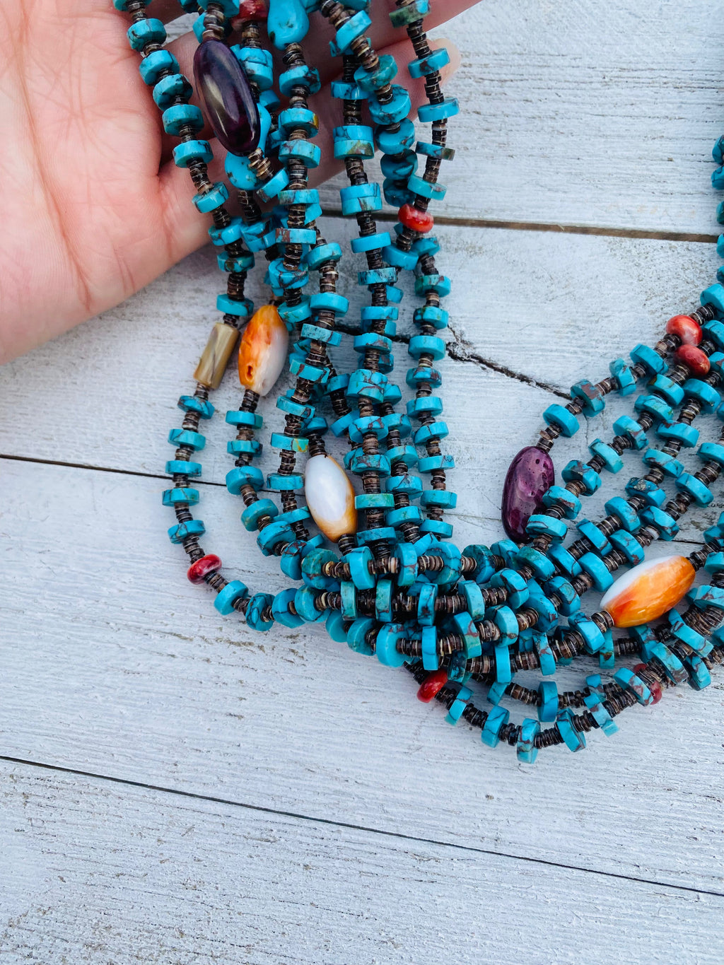 Handcrafted Turquoise, Spiny, Abalone & Heishi Eight Strand Beaded Necklace