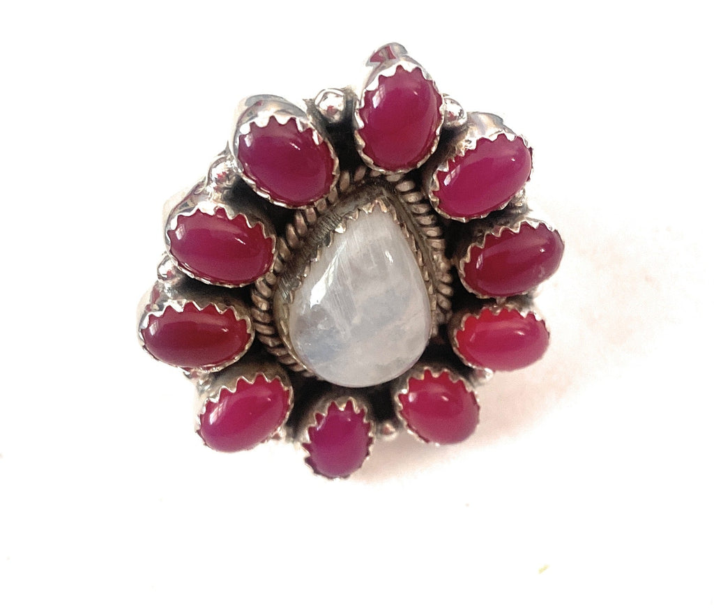 Handmade Sterling Silver, Pink Onyx & Moon Stone Cluster Adjustable Ring