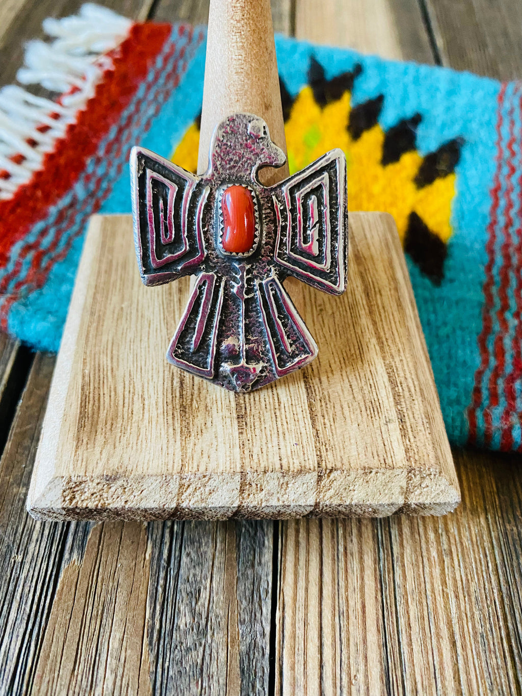 Handcrafted Sterling Silver & Coral Thunderbird Ring