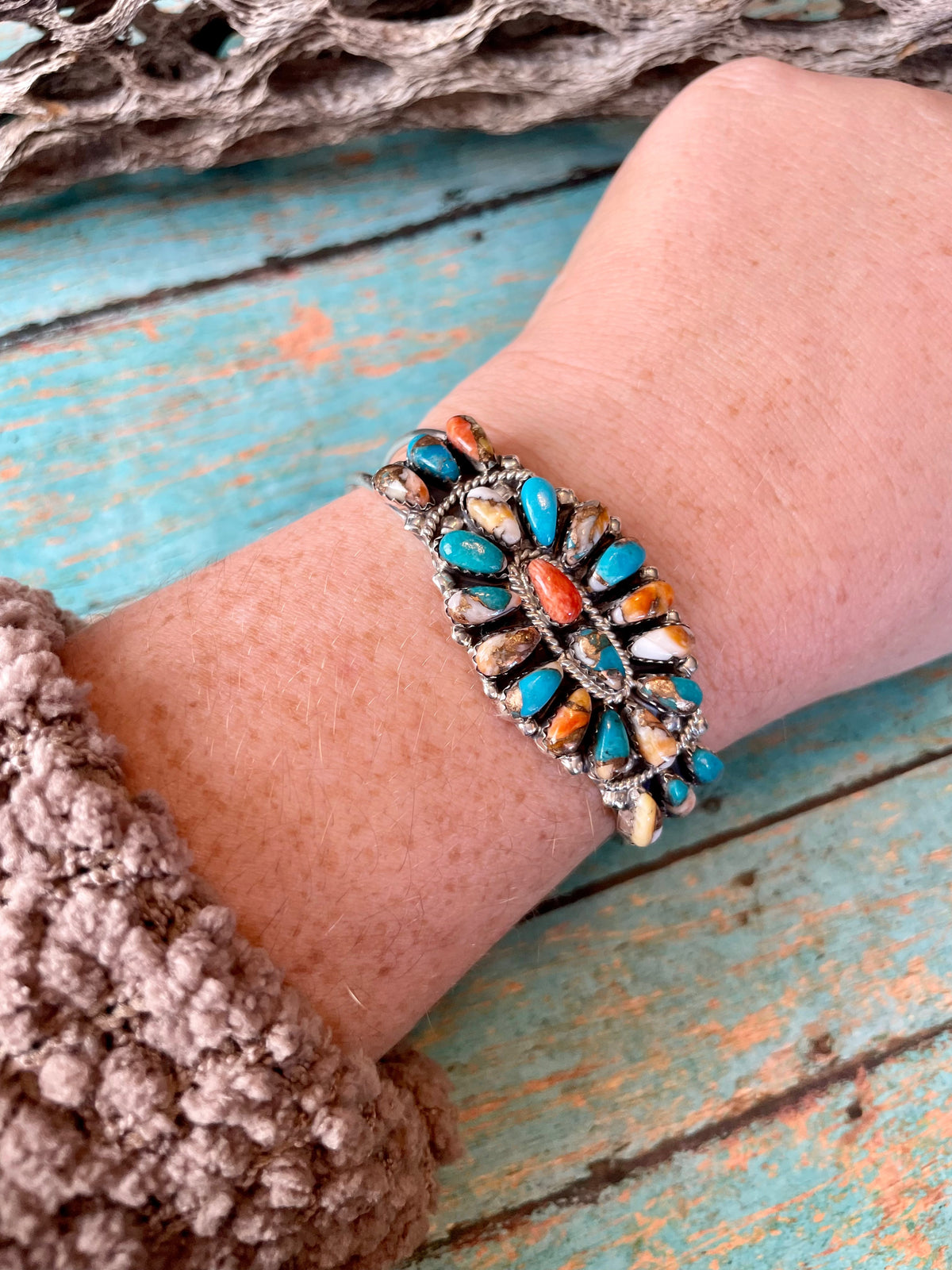 Handcrafted Spice Mojave And Sterling Silver Cluster Adjustable Cuff Bracelet