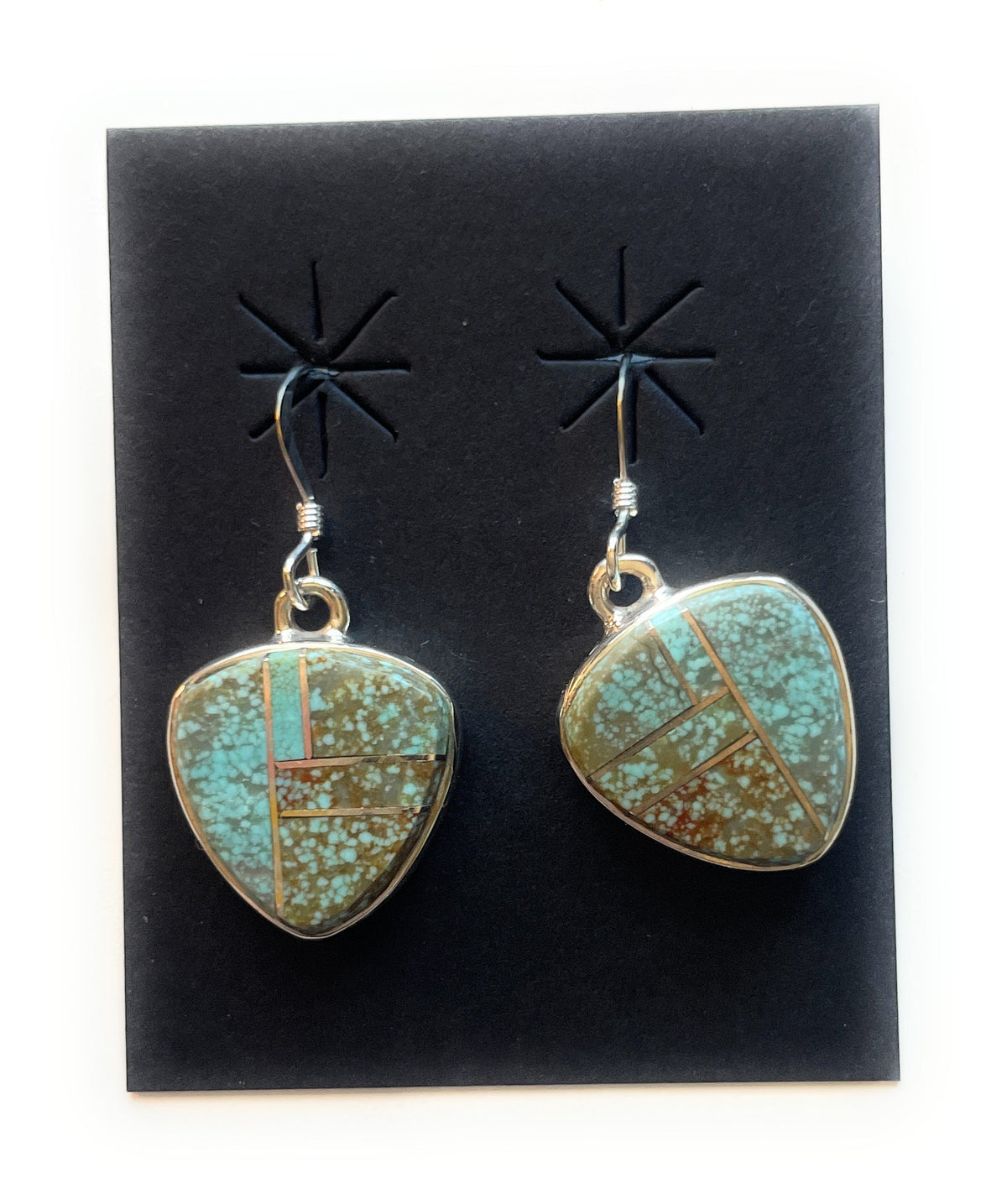 Handcrafted Number 8 Turquoise & Sterling Silver Inlay Dangle Earrings Signed