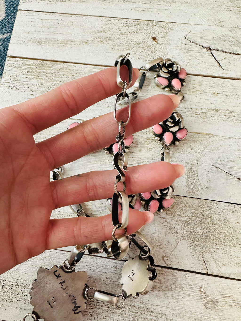Handcrafted Sterling Silver & Queen Pink Conch Shell Flower Necklace