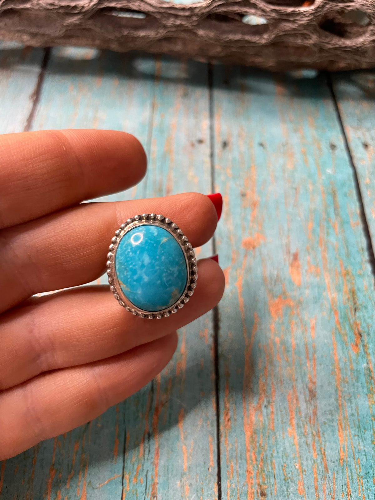 Old Pawn Handcrafted Sterling Silver & Light Blue Larimer Ring Size 7