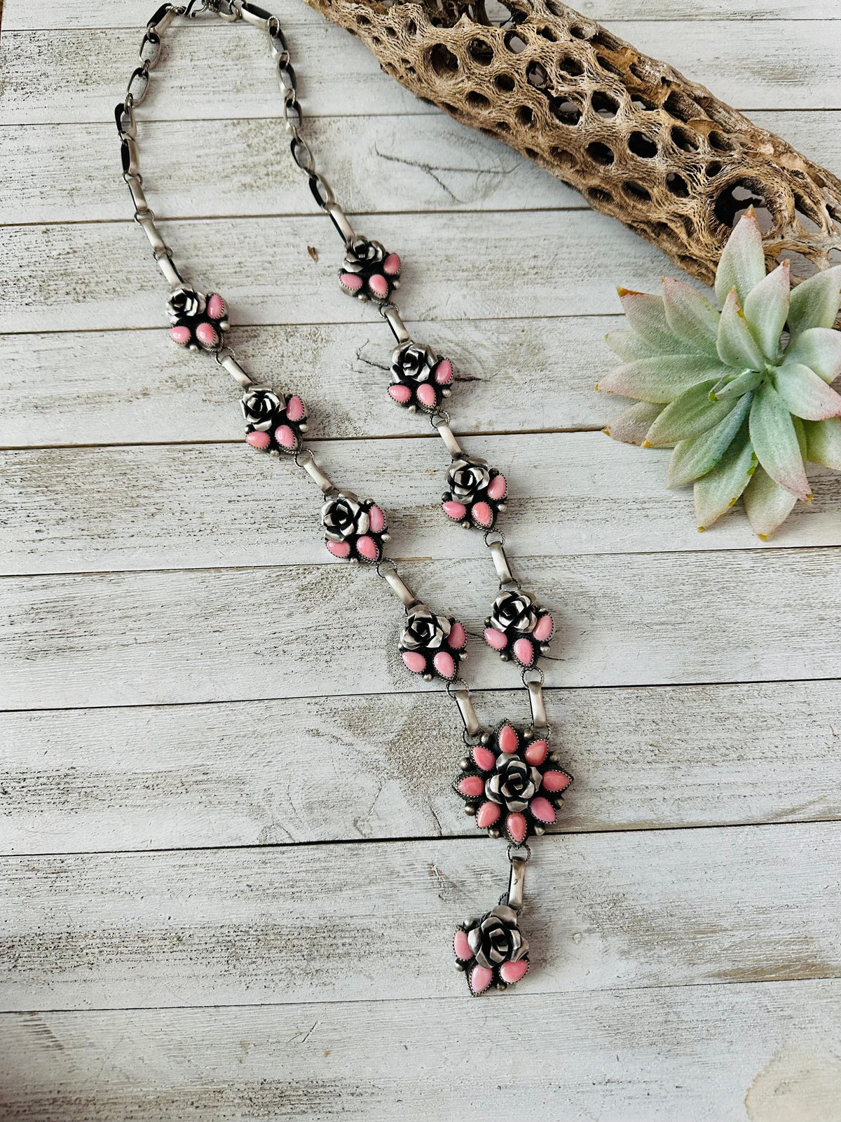 Handcrafted Sterling Silver & Queen Pink Conch Shell Flower Necklace