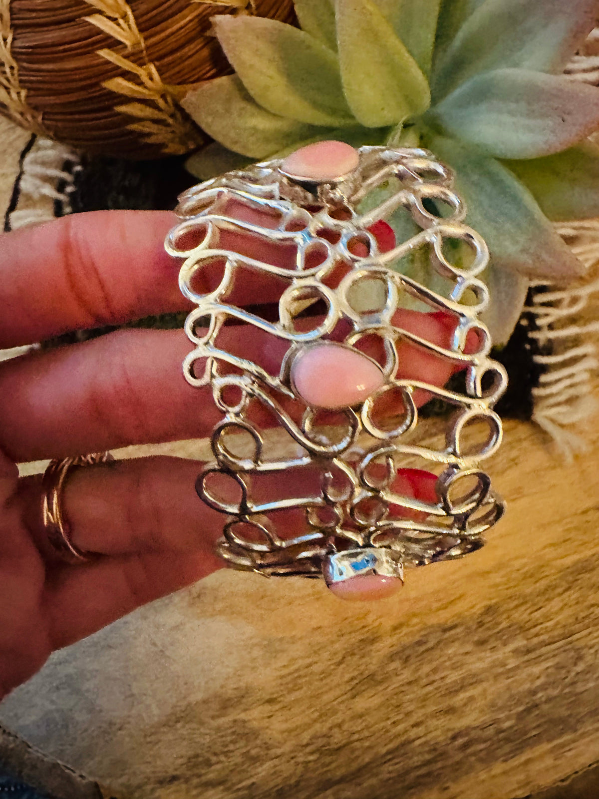 Handcrafted Queen Pink Conch Shell & Sterling Silver Cuff Bracelet