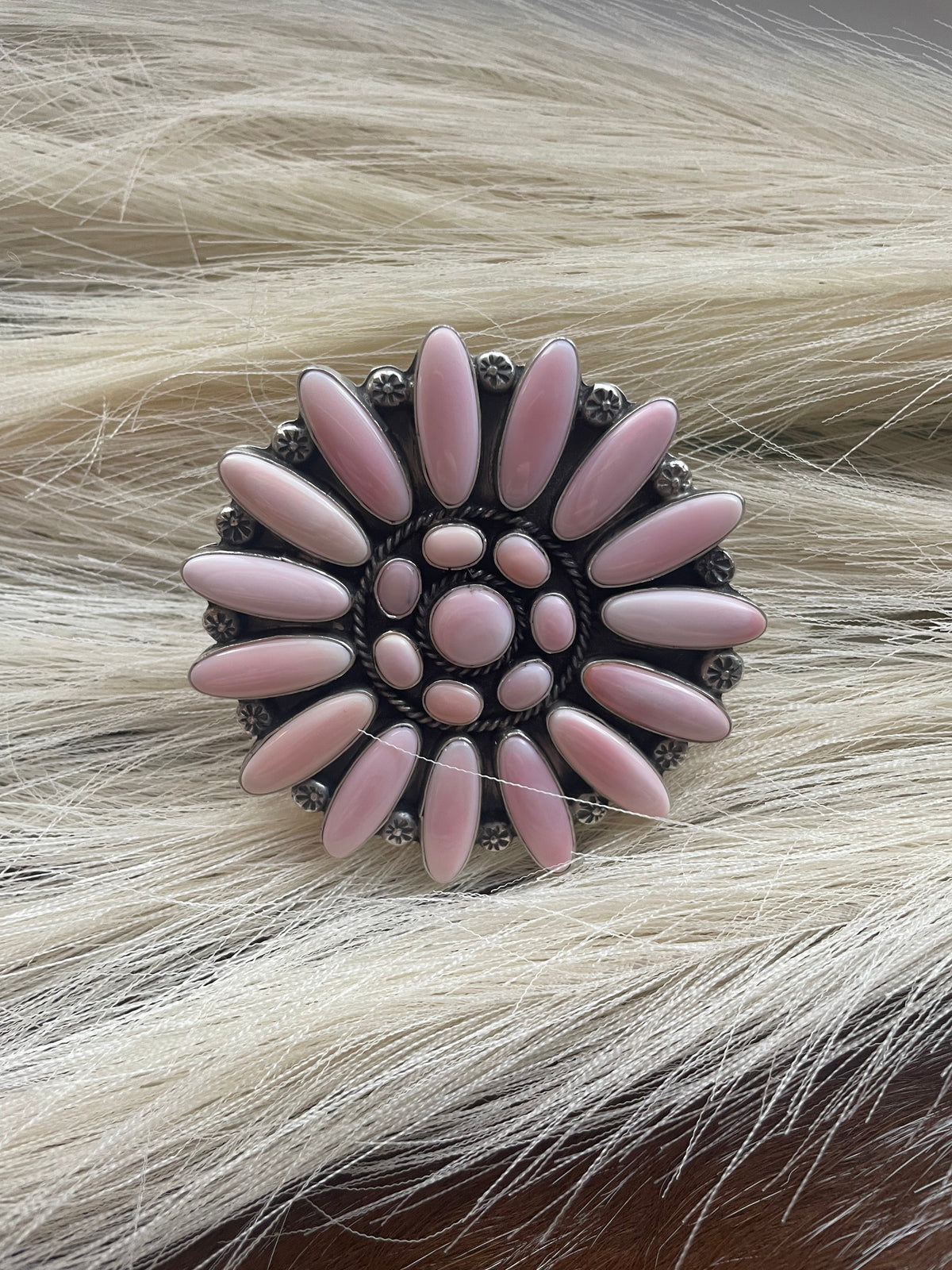 Handcrafted Sterling and Queen Pink Conch Shell Adjustable Statement Ring Signed C Yazzie