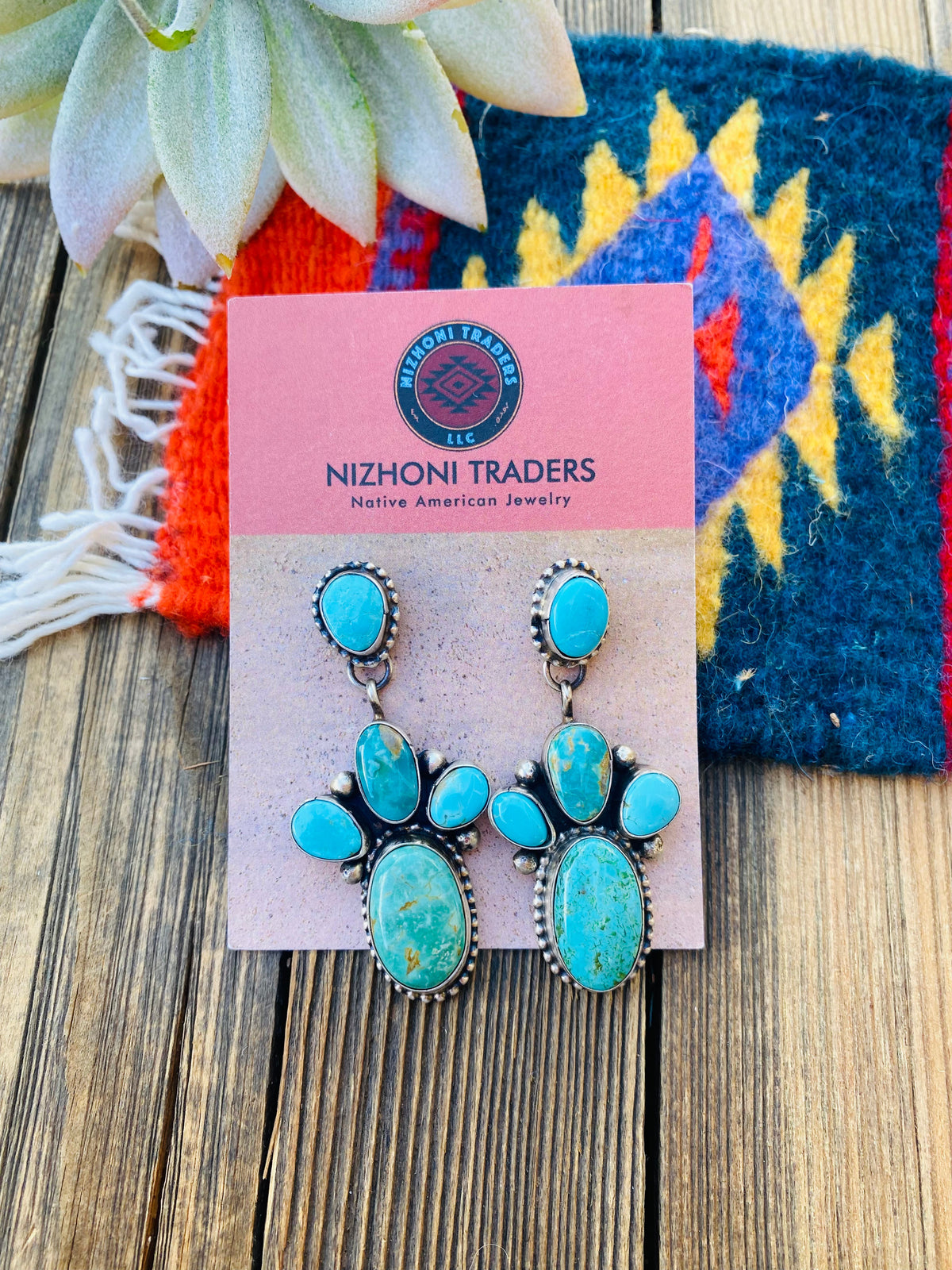 Handcrafted Multi Turquoise & Sterling Silver Cluster Dangle Earrings