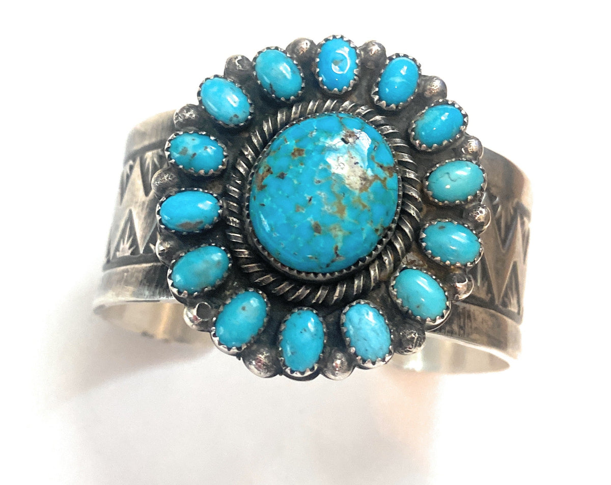 Handcrafted Kingman Turquoise And Sterling Silver Cluster Cuff Adjustable Bracelet /