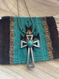 Handcrafted Sterling Silver & Turquoise Cross Pendant Signed Eugene Mitchell