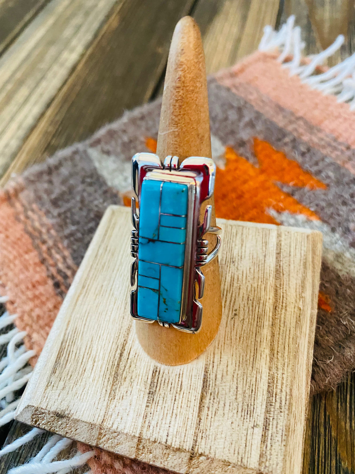 Handcrafted Sterling Silver & Turquoise Inlay Ring Size 6.5
