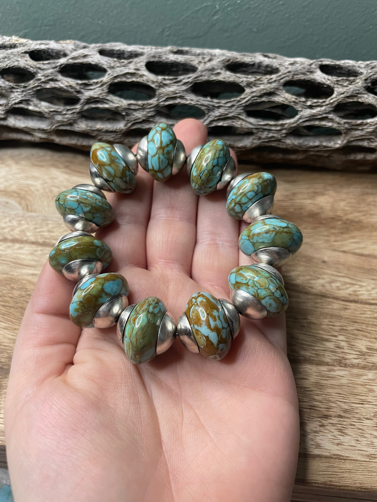 Handcrafted Sterling Silver Stretchy Natural #8 Turquoise Large Beaded Bracelet