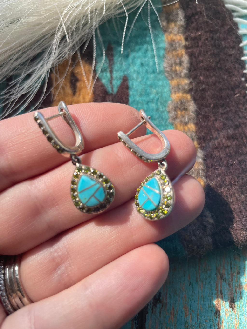 Handcrafted Turquoise Inlay, Peridot & Sterling Silver Dangle Earrings