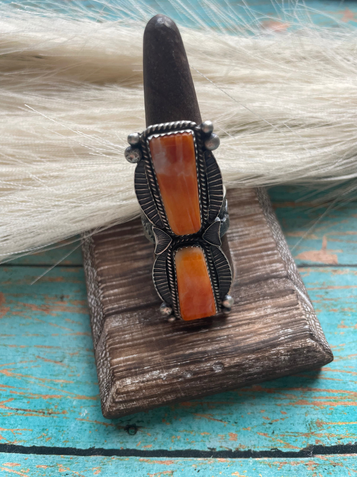 Kevin Billah Handcrafted Sterling & 2 Stone Orange Spiny Ring Adjustable