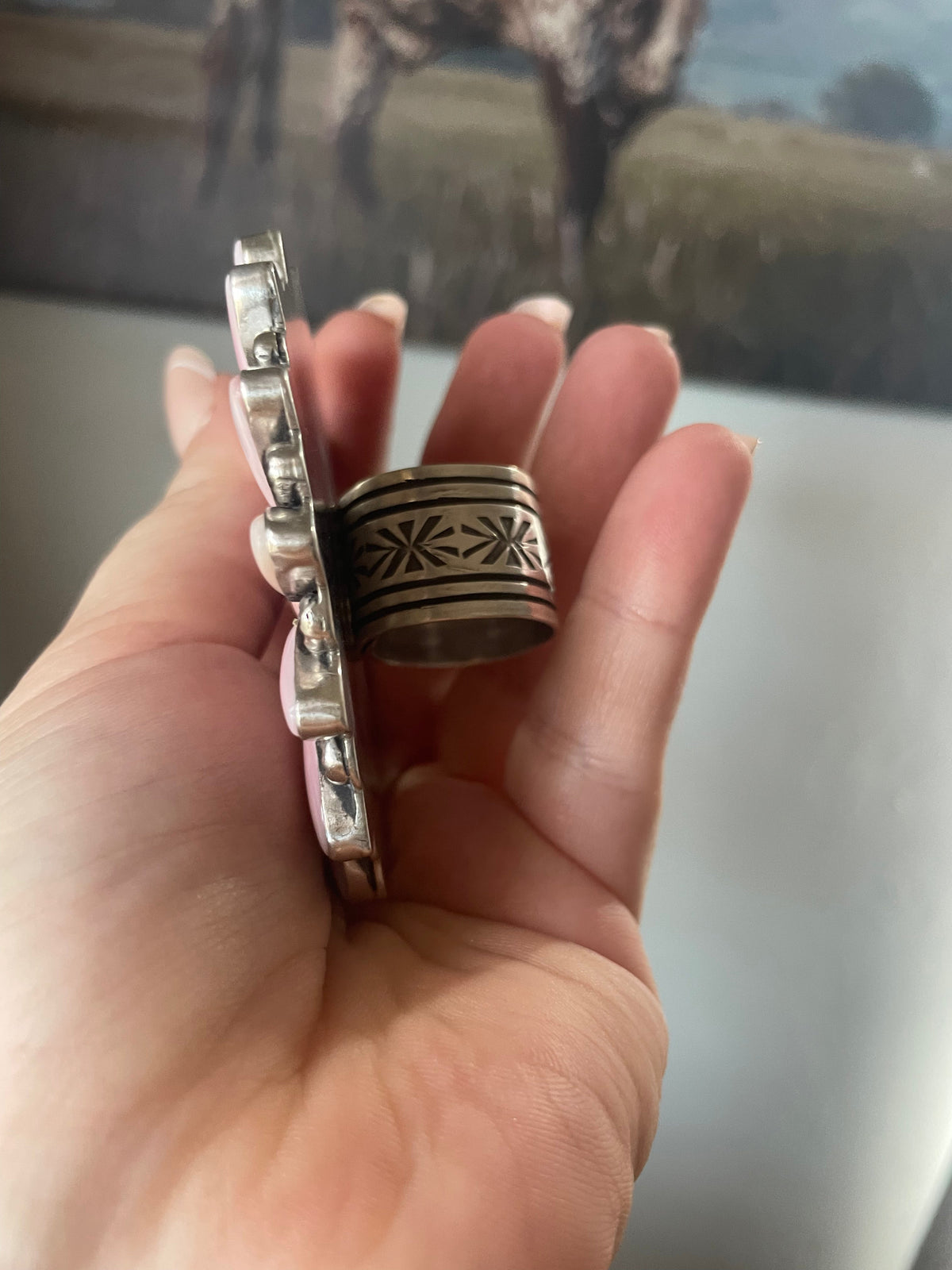 Handcrafted Sterling and Queen Pink Conch Shell Adjustable Statement Ring Signed C Yazzie