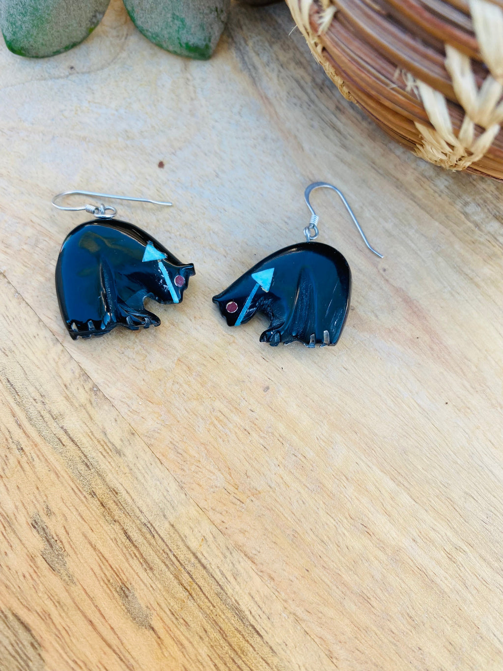 Handcrafted Vintage Jet & Turquoise Fetish Bear Dangle Earrings