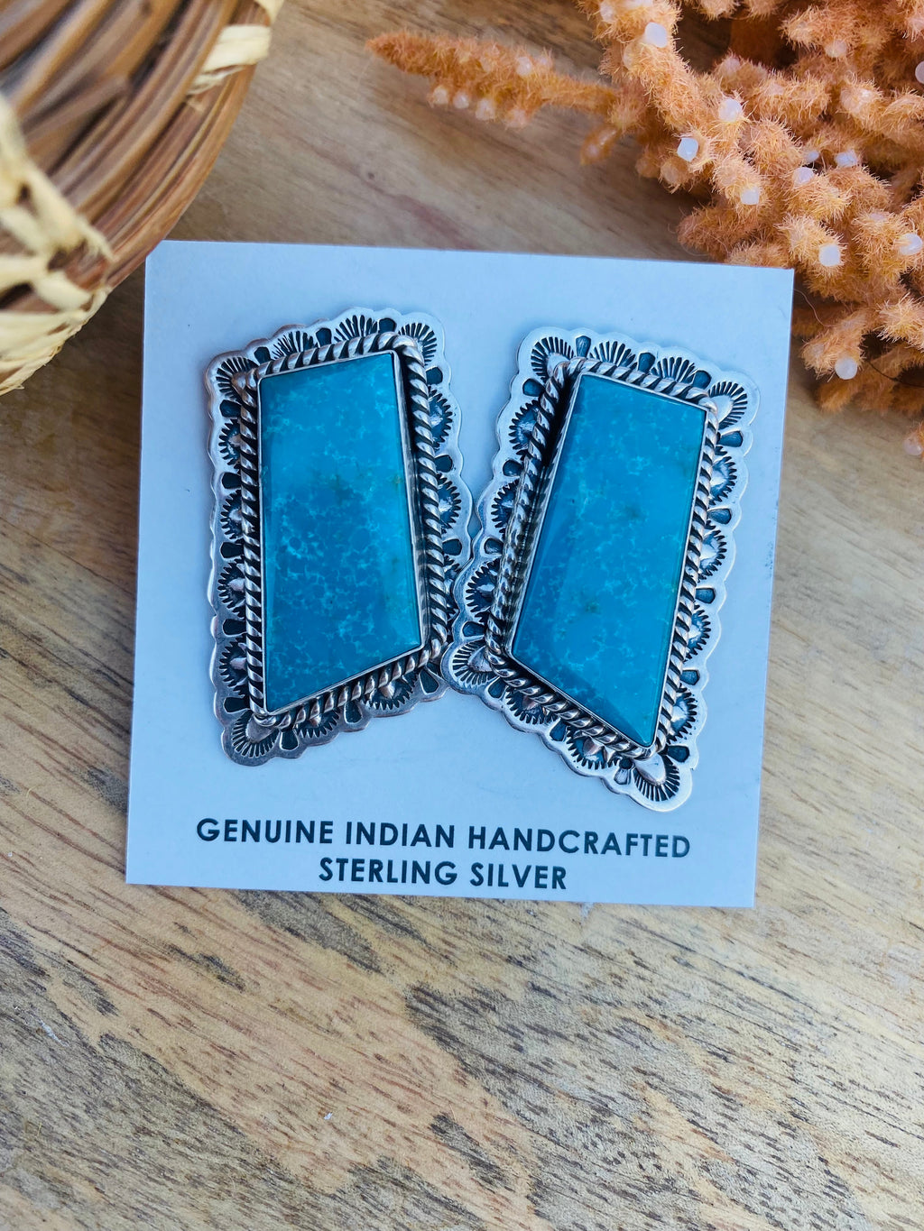 Handcrafted Vintage Turquoise & Sterling Silver Post Earrings Signed