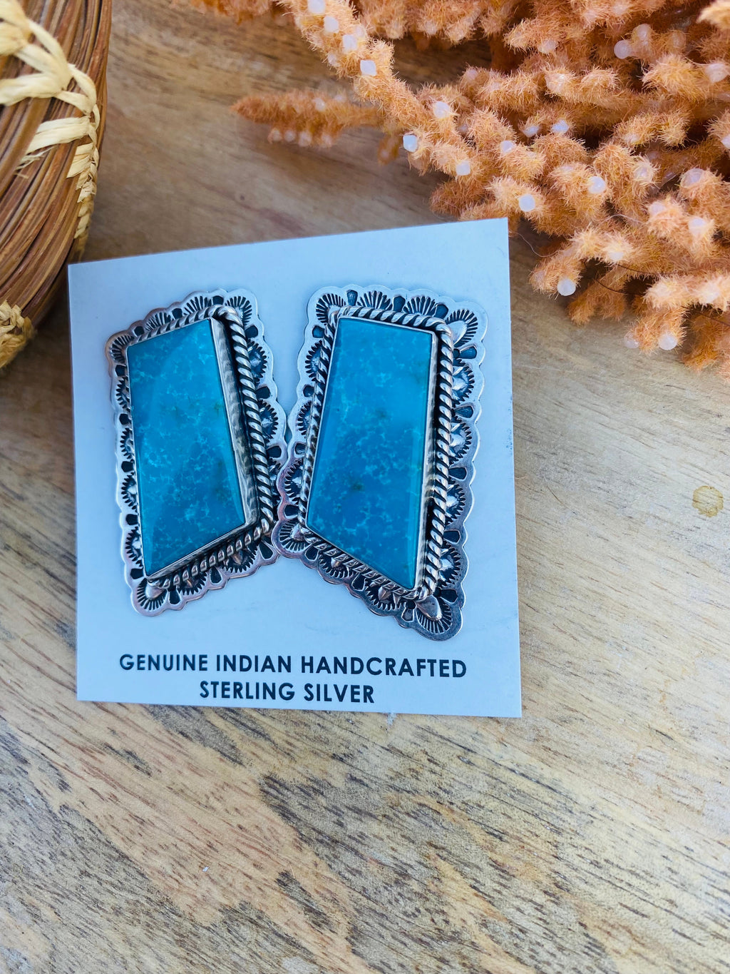 Handcrafted Vintage Turquoise & Sterling Silver Post Earrings Signed