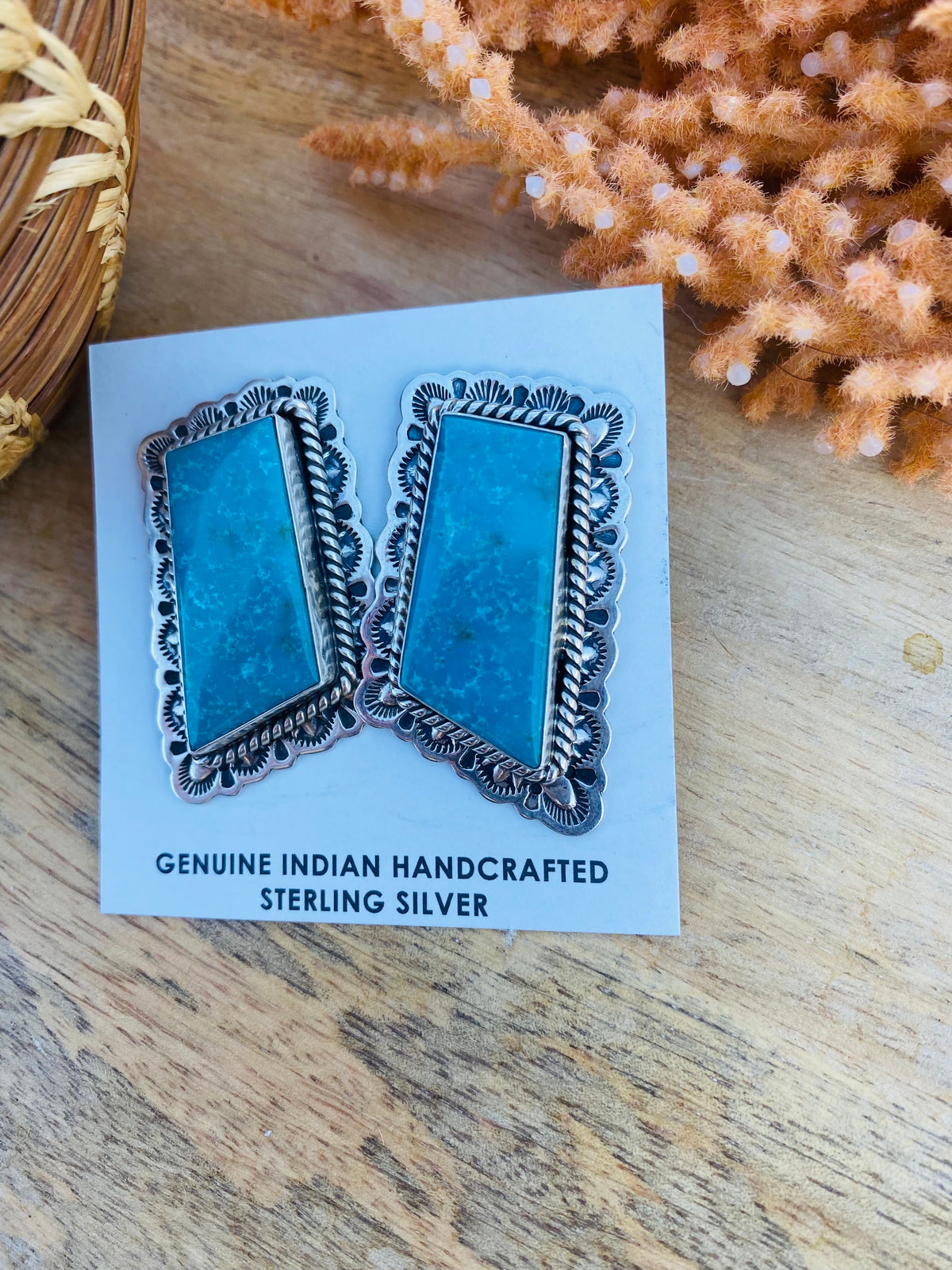 Handcrafted Vintage Turquoise & Sterling Silver Post Earrings Signed