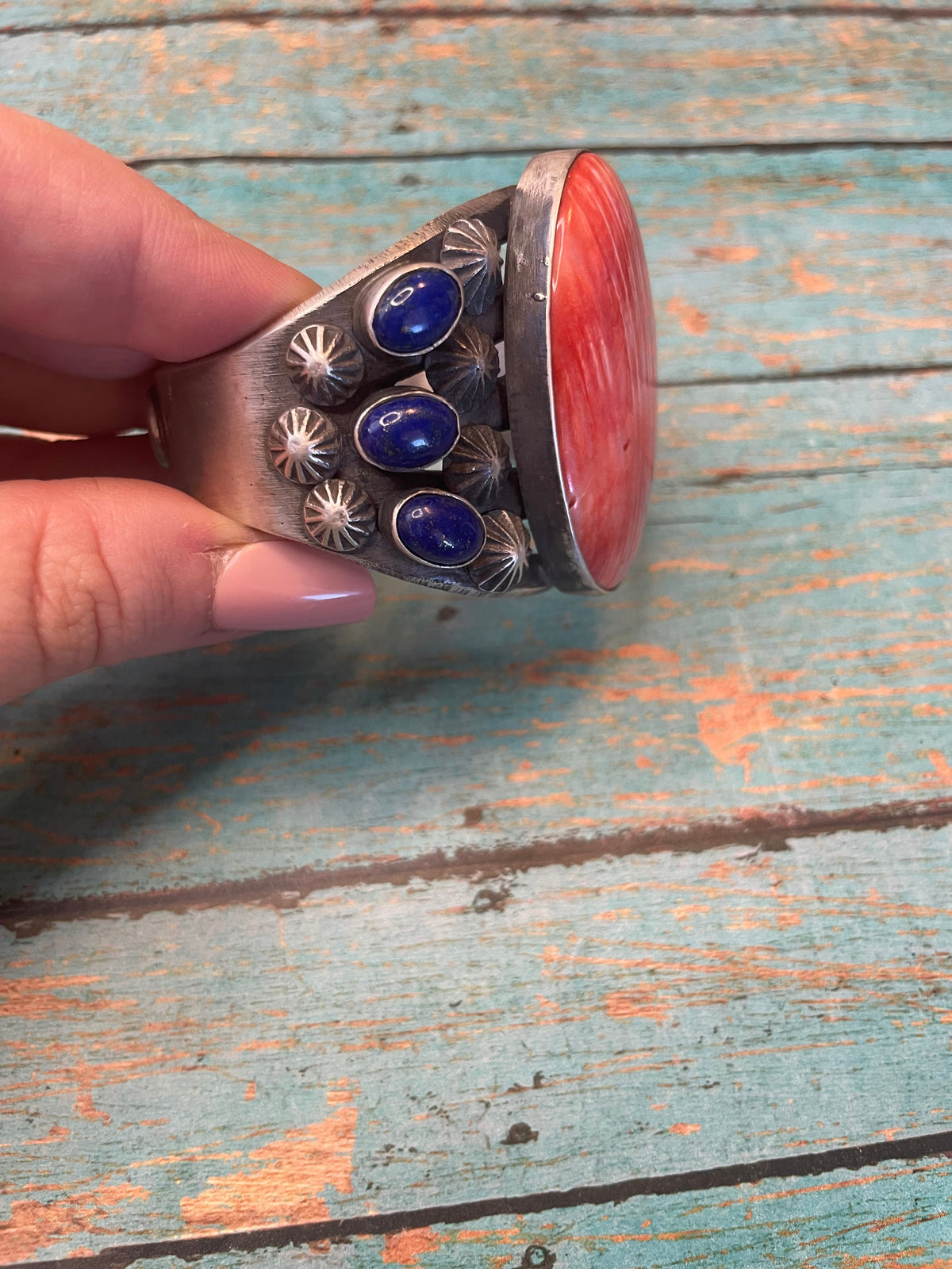 Chimney Butte Handcrafted Orange Spiny And Lapis Sterling Silver Cuff Bracelet Signed