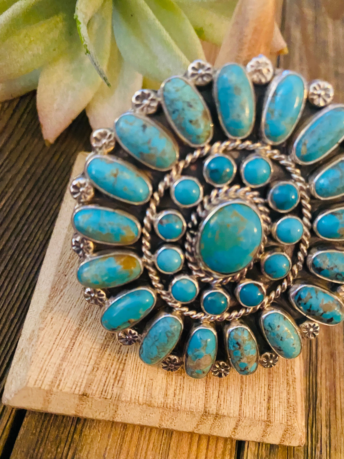 Handcrafted Kingman Turquoise & Sterling Silver Adjustable Cluster Ring