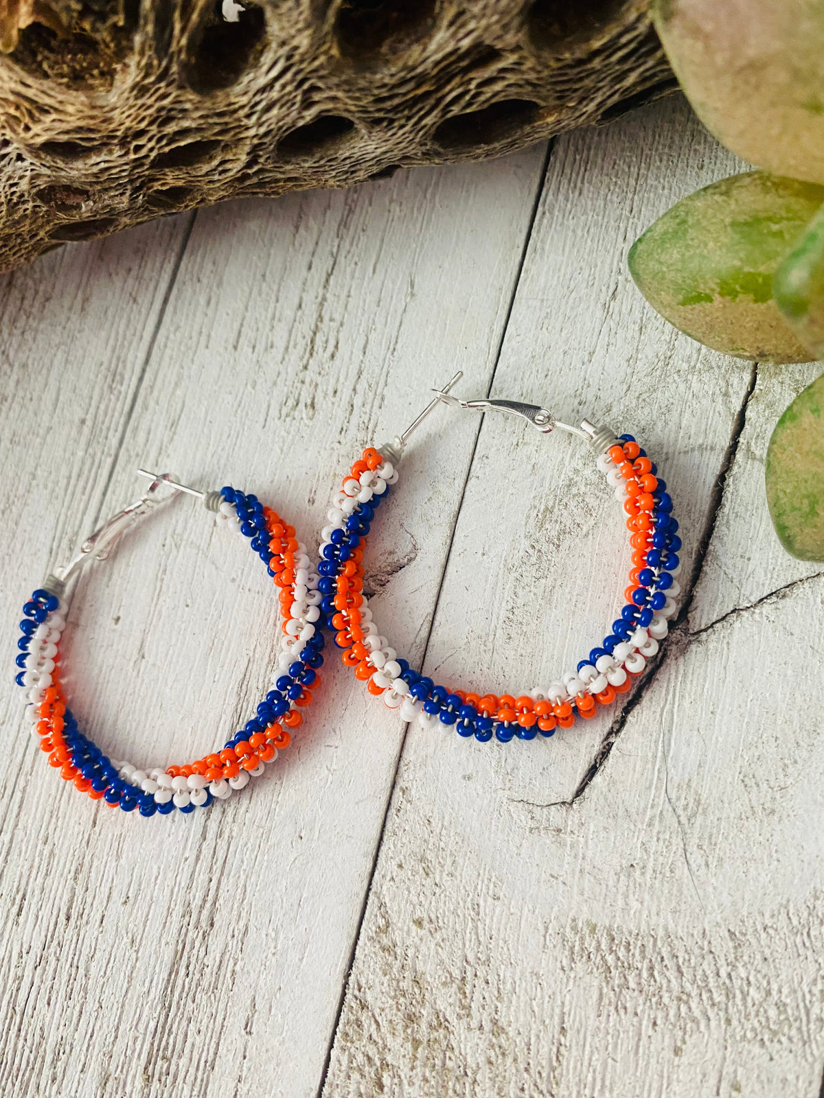 Handcrafted Handmade Beaded Hoop Earrings- red, white, blue