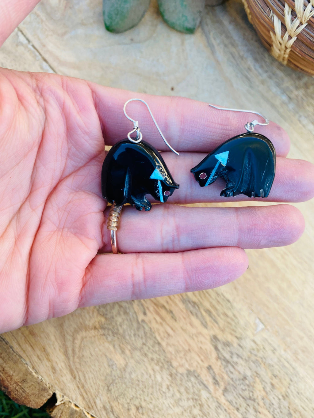 Handcrafted Vintage Jet & Turquoise Fetish Bear Dangle Earrings