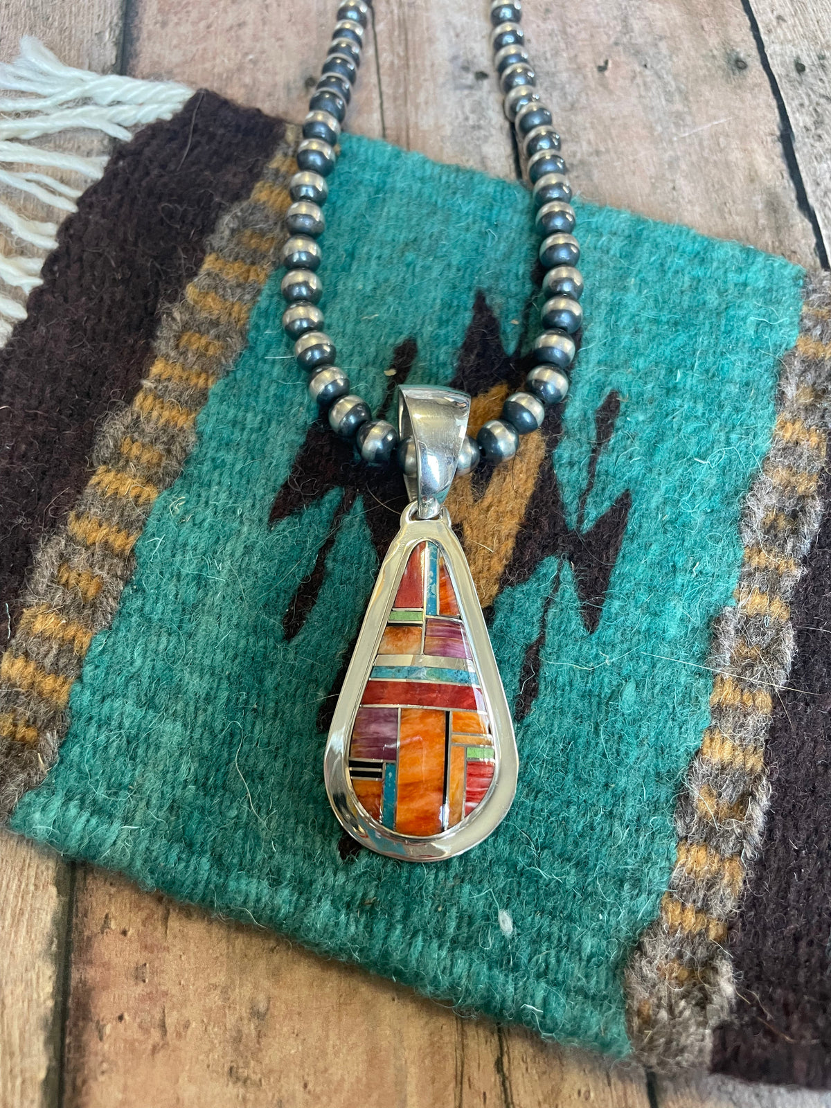 Handcrafted Multi Stone Inlay & Sterling Silver Pendant Signed